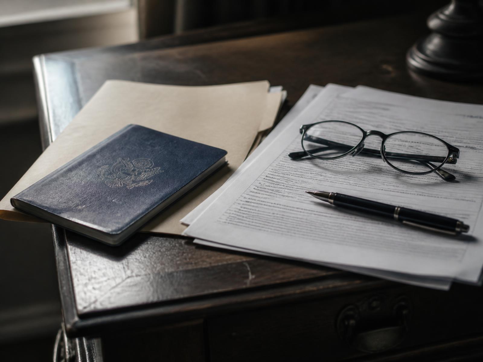 A US passport, manila folder, reading glasses and a pen on a worn wooden desk