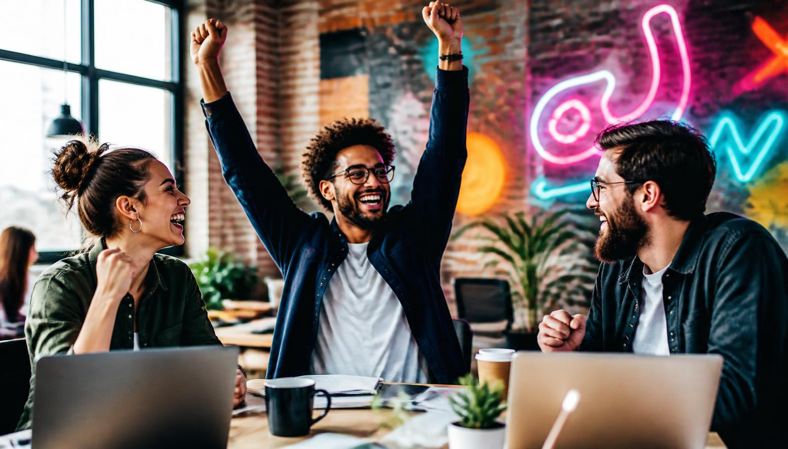 Co-founders celebrating in a colourful loft workspace